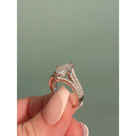 3Ct Marquise-Cut White Sapphire Halo Ring – Split Shank, 14K White Gold Plated - Picture 2 of 15